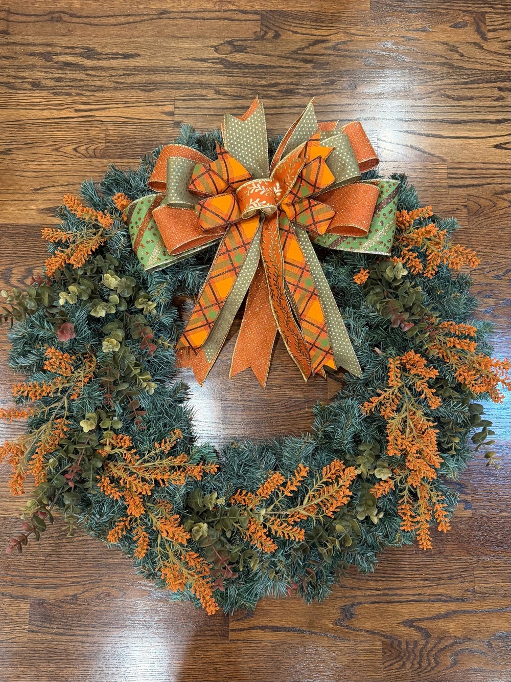 Autumn Green & Orange Holiday Wreath with Decorative Bow